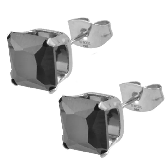 Rings INOX JEWELRY Silver Tone Stainless Steel Square Cut Black CZ Studs