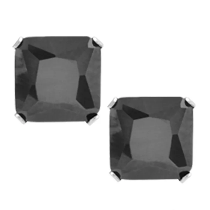 Rings INOX JEWELRY Silver Tone Stainless Steel Square Cut Black CZ Studs