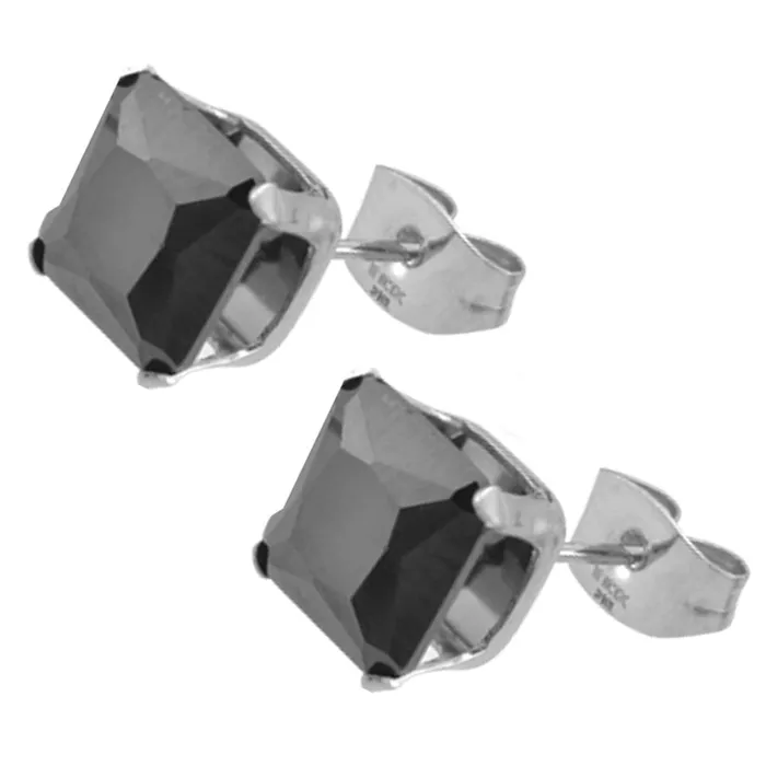 Rings INOX JEWELRY Silver Tone Stainless Steel Square Cut Black CZ Studs