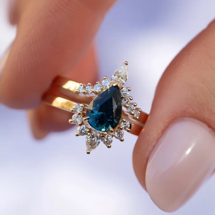 Teal Sapphire and Diamond Engagement Ring Set Pear Shape Sapphire Nesting Ring Albrecht Jewellery Rings Teal Sapphire and Diamond Engagement Ring Set Pear Shape Sapphire Nesting Ring Albrecht Jewellery Rings