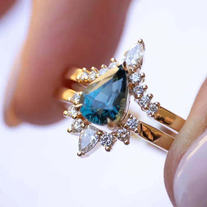 Teal Sapphire and Diamond Engagement Ring Set Pear Shape Sapphire Nesting Ring Albrecht Jewellery Rings Teal Sapphire and Diamond Engagement Ring Set Pear Shape Sapphire Nesting Ring Albrecht Jewellery Rings