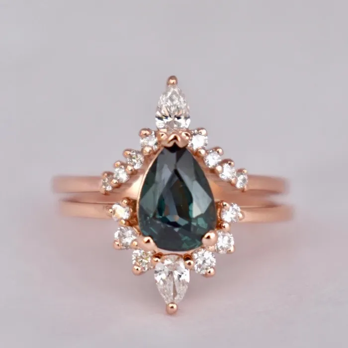 Teal Sapphire and Diamond Engagement Ring Set Pear Shape Sapphire Nesting Ring Albrecht Jewellery Rings Teal Sapphire and Diamond Engagement Ring Set Pear Shape Sapphire Nesting Ring Albrecht Jewellery Rings