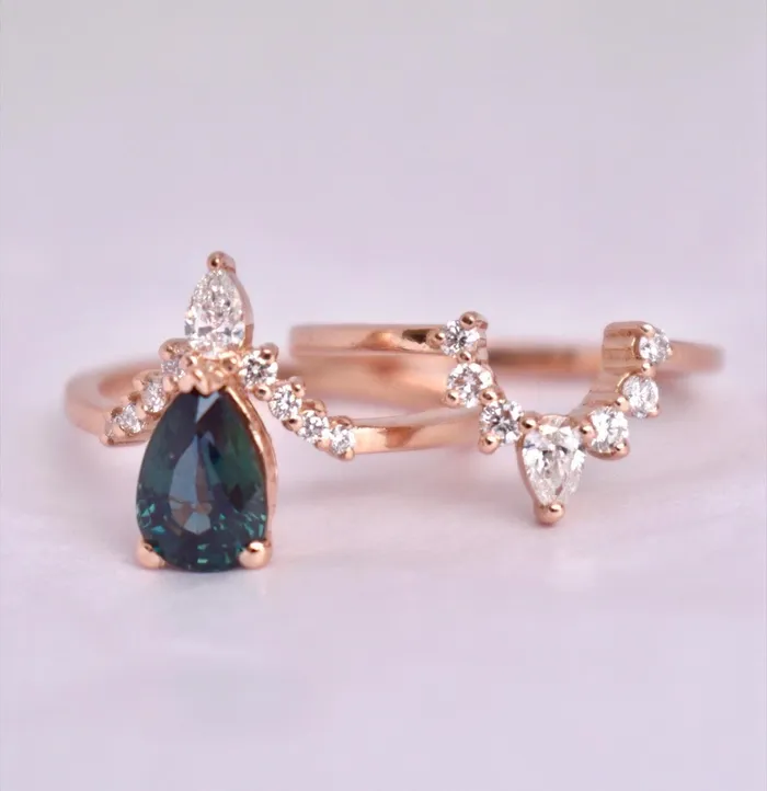 Teal Sapphire and Diamond Engagement Ring Set Pear Shape Sapphire Nesting Ring Albrecht Jewellery Rings Teal Sapphire and Diamond Engagement Ring Set Pear Shape Sapphire Nesting Ring Albrecht Jewellery Rings