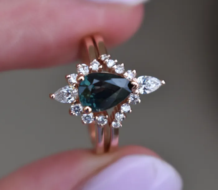 Teal Sapphire and Diamond Engagement Ring Set Pear Shape Sapphire Nesting Ring Albrecht Jewellery Rings Teal Sapphire and Diamond Engagement Ring Set Pear Shape Sapphire Nesting Ring Albrecht Jewellery Rings