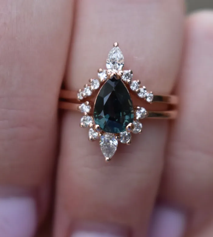 Teal Sapphire and Diamond Engagement Ring Set Pear Shape Sapphire Nesting Ring Albrecht Jewellery Rings Teal Sapphire and Diamond Engagement Ring Set Pear Shape Sapphire Nesting Ring Albrecht Jewellery Rings