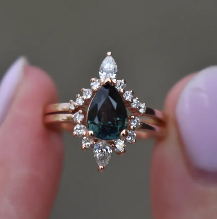 Teal Sapphire and Diamond Engagement Ring Set Pear Shape Sapphire Nesting Ring Albrecht Jewellery Rings Teal Sapphire and Diamond Engagement Ring Set Pear Shape Sapphire Nesting Ring Albrecht Jewellery Rings