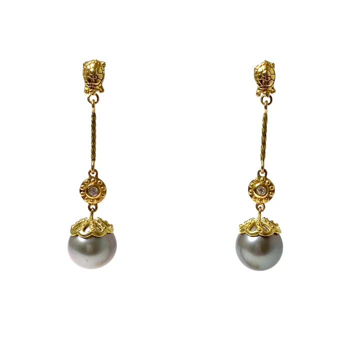 Turtle Saves the World Tahitian Pearl Diamond 18K Gold Earrings Victoria Adams Earrings