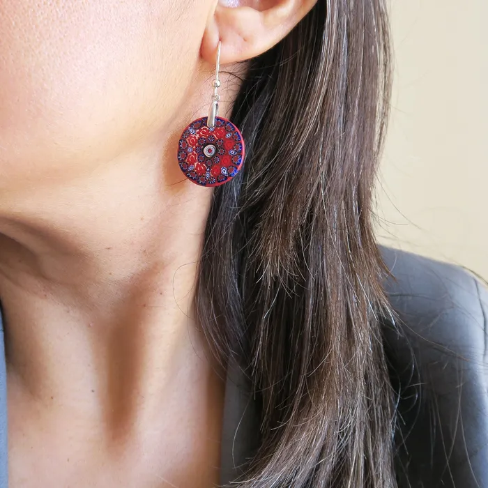 Vianello Nadia Murrine di Trebbi Davide Murano glass Red round earrings Millefiori Earrings