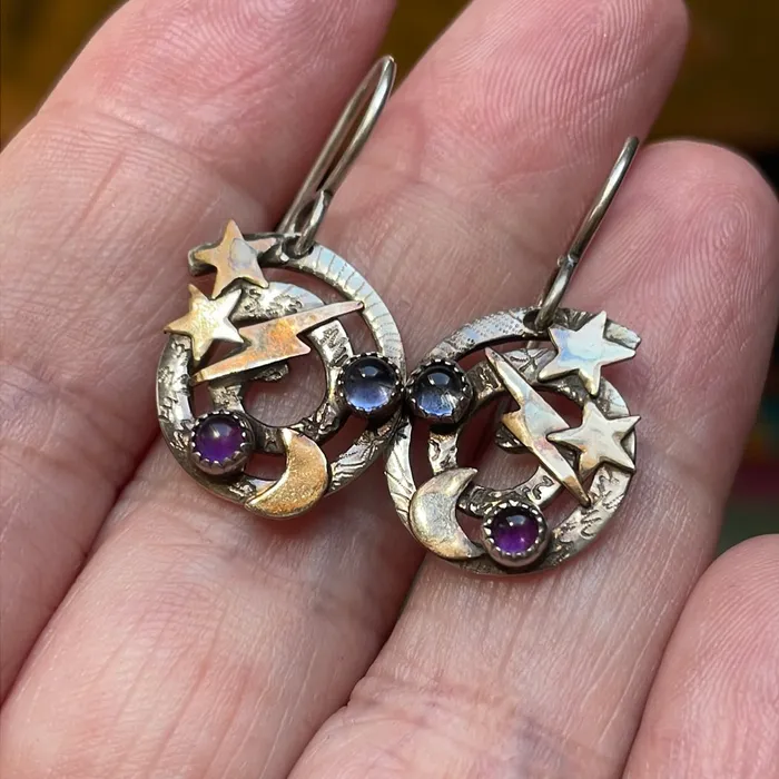 Vintage Paris Jewelry Sun Moon Thunderbolt Earrings Amethyst and Iolite Sterling Silver Vintage Earrings Vintage Paris Jewelry Sun Moon Thunderbolt Earrings Amethyst and Iolite Sterling Silver Vintage Earrings