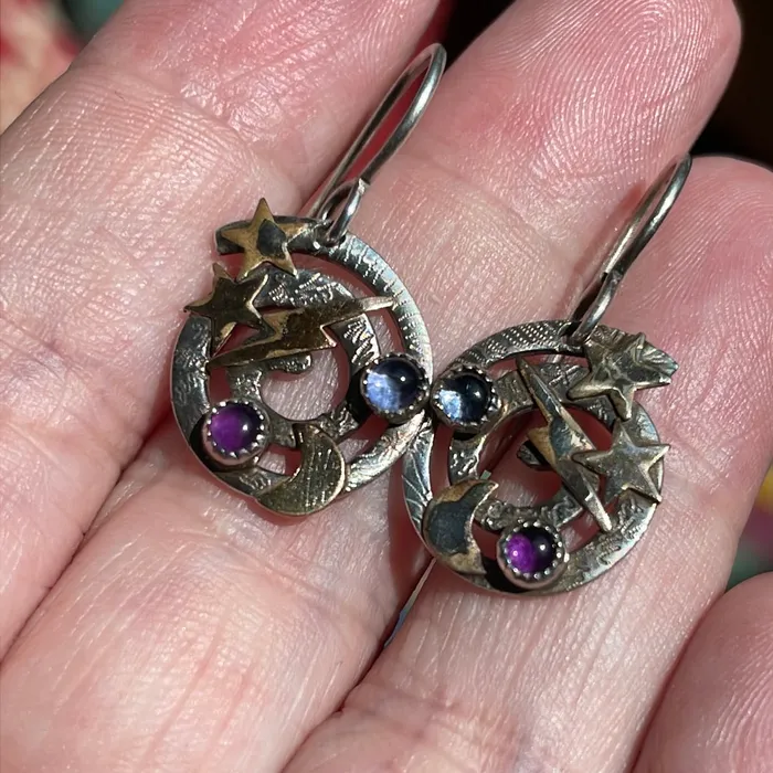 Vintage Paris Jewelry Sun Moon Thunderbolt Earrings Amethyst and Iolite Sterling Silver Vintage Earrings Vintage Paris Jewelry Sun Moon Thunderbolt Earrings Amethyst and Iolite Sterling Silver Vintage Earrings