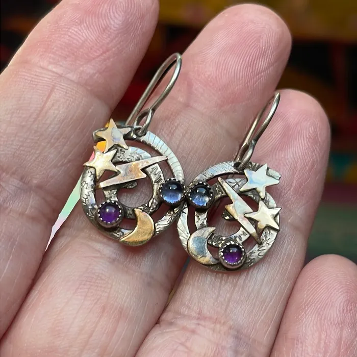 Vintage Paris Jewelry Sun Moon Thunderbolt Earrings Amethyst and Iolite Sterling Silver Vintage Earrings Vintage Paris Jewelry Sun Moon Thunderbolt Earrings Amethyst and Iolite Sterling Silver Vintage Earrings
