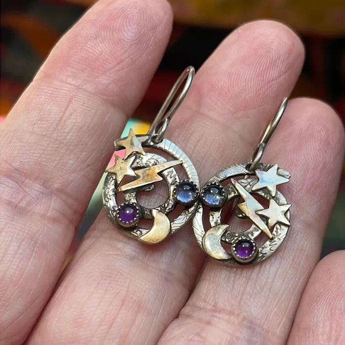 Vintage Paris Jewelry Sun Moon Thunderbolt Earrings Amethyst and Iolite Sterling Silver Vintage Earrings Vintage Paris Jewelry Sun Moon Thunderbolt Earrings Amethyst and Iolite Sterling Silver Vintage Earrings