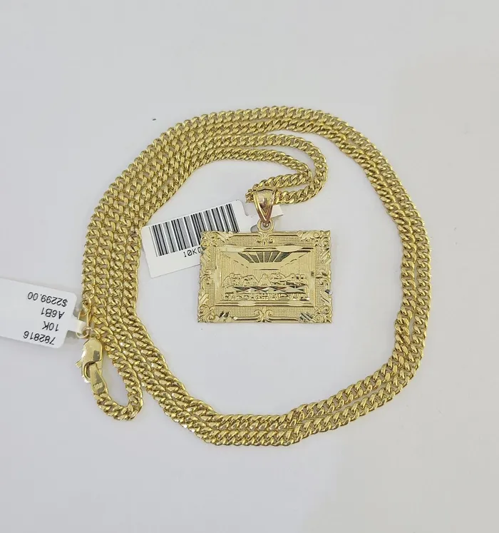 10K Gold Miami Cuban Chain Last Supper Charm 1830 3mm REAL Pendant Gold and Diamond Charm Necklaces