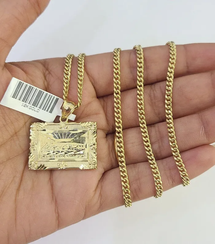 10K Gold Miami Cuban Chain Last Supper Charm 1830 3mm REAL Pendant Gold and Diamond Charm Necklaces