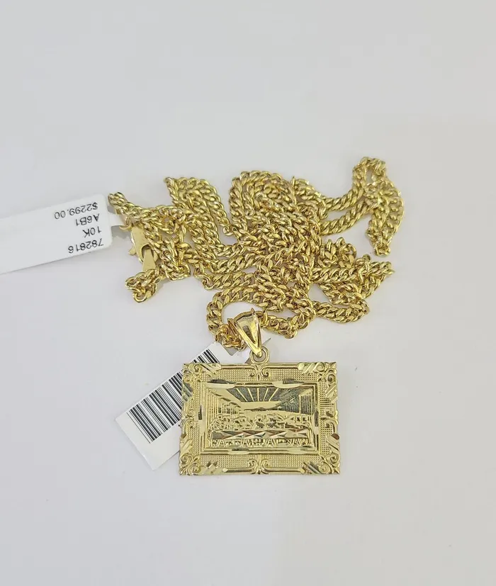 10K Gold Miami Cuban Chain Last Supper Charm 1830 3mm REAL Pendant Gold and Diamond Charm Necklaces