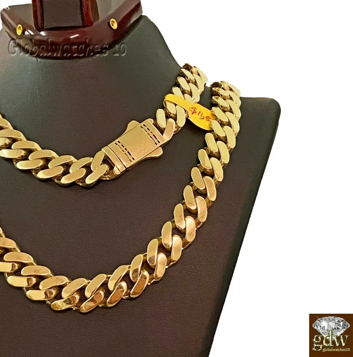 10k Real Gold Men Miami Cuban Royal Monaco Link Chain 22 inch 15mm Gold THICK Gold and Diamond PreStyled Sets