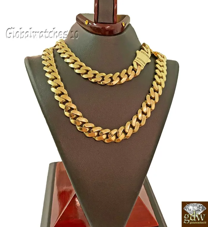 10k Real Gold Men Miami Cuban Royal Monaco Link Chain 22 inch 15mm Gold THICK Gold and Diamond PreStyled Sets