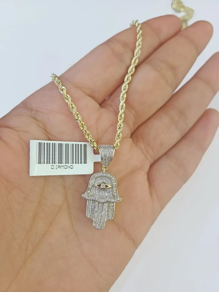 10k Yellow Gold Diamond Hamsa Hand Charm and 28 inches Rope Chain GlobalWatches10 Charm Necklaces
