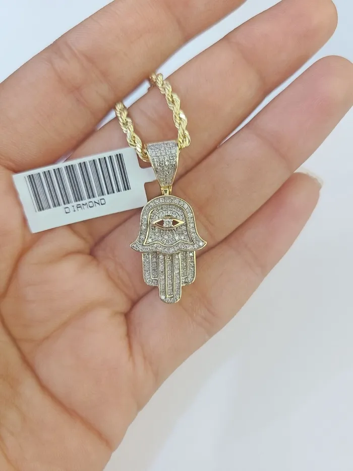 10k Yellow Gold Diamond Hamsa Hand Charm and 28 inches Rope Chain GlobalWatches10 Charm Necklaces