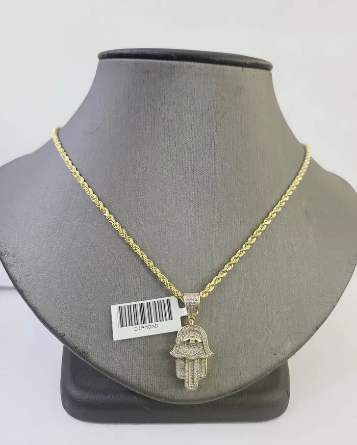 10k Yellow Gold Diamond Hamsa Hand Charm and 28 inches Rope Chain GlobalWatches10 Charm Necklaces