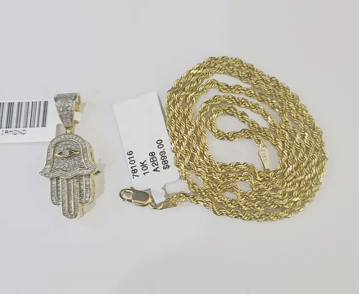 10k Yellow Gold Diamond Hamsa Hand Charm and 28 inches Rope Chain GlobalWatches10 Charm Necklaces