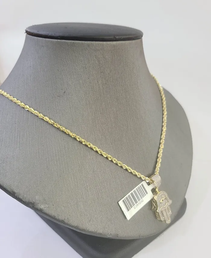 10k Yellow Gold Diamond Hamsa Hand Charm and 28 inches Rope Chain GlobalWatches10 Charm Necklaces