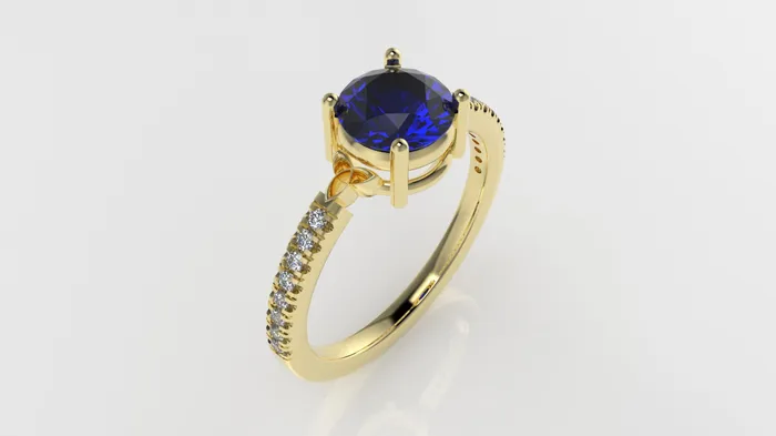 14K solitaire engagement Ring with 1 BLUE SAPPHIRE 65mm and 16 MOISSANITE 12mm VS1 each stt prong cut split JCM DESIGN JEWELRY Rings