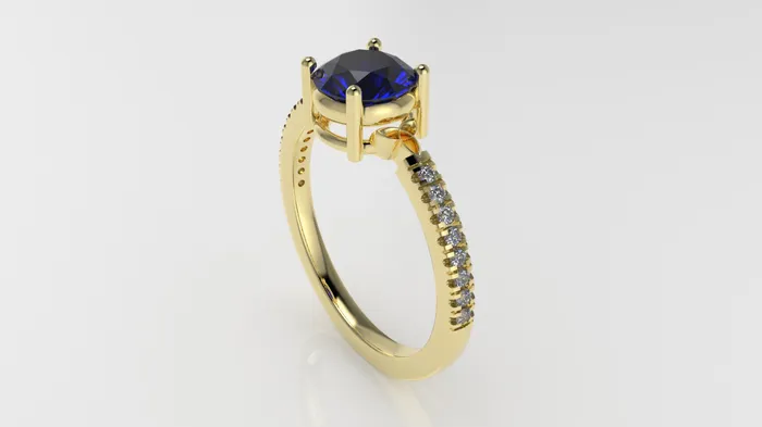 14K solitaire engagement Ring with 1 BLUE SAPPHIRE 65mm and 16 MOISSANITE 12mm VS1 each stt prong cut split JCM DESIGN JEWELRY Rings