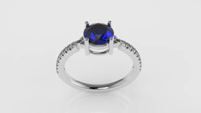 14K solitaire engagement Ring with 1 BLUE SAPPHIRE 65mm and 16 MOISSANITE 12mm VS1 each stt prong cut split JCM DESIGN JEWELRY Rings