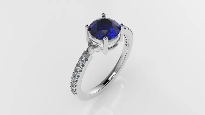 14K solitaire engagement Ring with 1 BLUE SAPPHIRE 65mm and 16 MOISSANITE 12mm VS1 each stt prong cut split JCM DESIGN JEWELRY Rings
