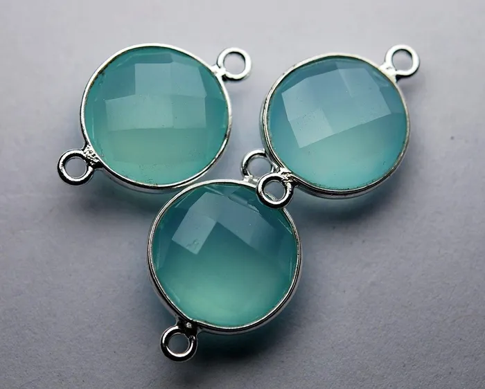 925 Sterling Silver Aqua Chalcedony Faceted Coins Shape Connector 5 Piece Of 23mm Beads Supplies USA Rings