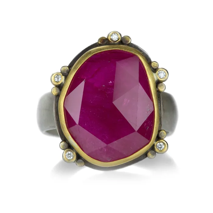 Ananda Khalsa Rings Rose Cut Ruby Ring with 5 Diamonds