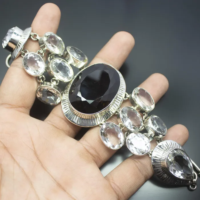 Beads Supplies USA Bracelets Christmas Gift 93g Totally Handmade White and Smoky Quartz 925 Sterling Silver Bracelet
