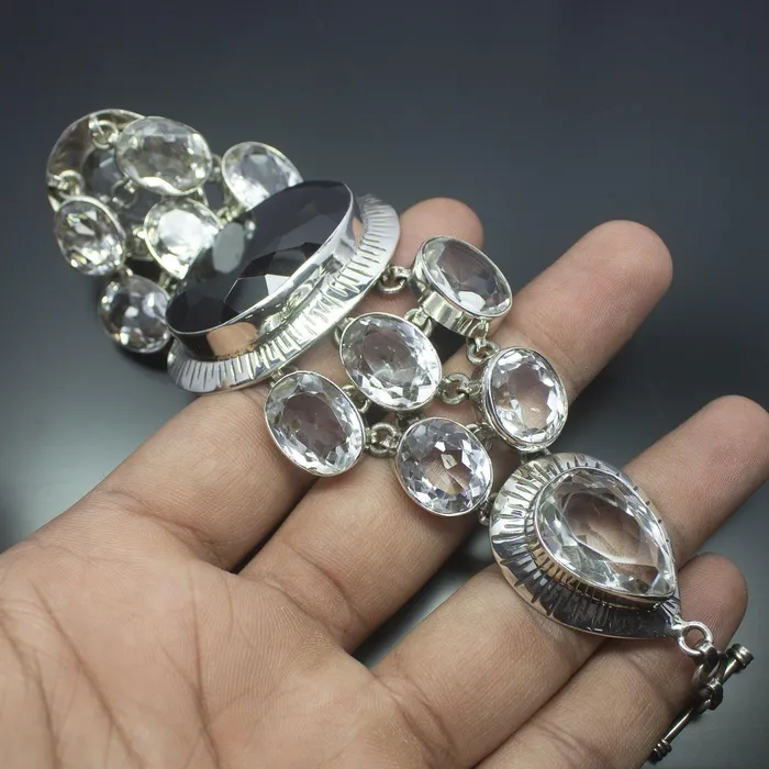 Beads Supplies USA Bracelets Christmas Gift 93g Totally Handmade White and Smoky Quartz 925 Sterling Silver Bracelet