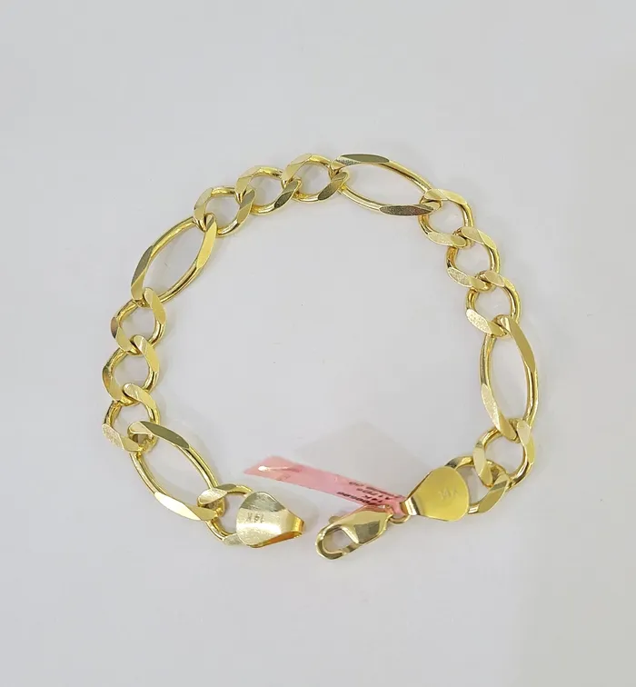 Bracelets Real 14k Yellow Gold Figaro link Bracelet 9mm 8 Inch Men women Diamond Cut Gold and Diamond