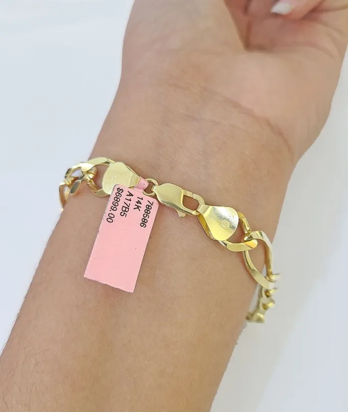 Bracelets Real 14k Yellow Gold Figaro link Bracelet 9mm 8 Inch Men women Diamond Cut Gold and Diamond