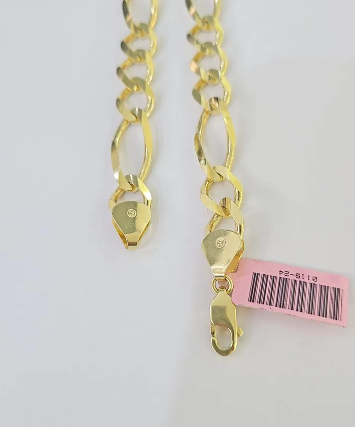 Bracelets Real 14k Yellow Gold Figaro link Bracelet 9mm 8 Inch Men women Diamond Cut Gold and Diamond
