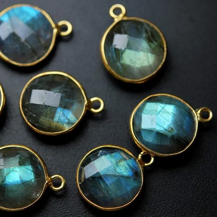 Charm Necklaces Beads Supplies USA 925 Sterling Vermeil Silver Labradorite Faceted Coins Shape charm 10 Piece 16mm