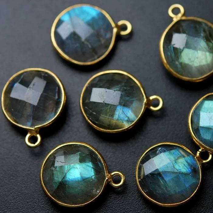 Charm Necklaces Beads Supplies USA 925 Sterling Vermeil Silver Labradorite Faceted Coins Shape charm 10 Piece 16mm
