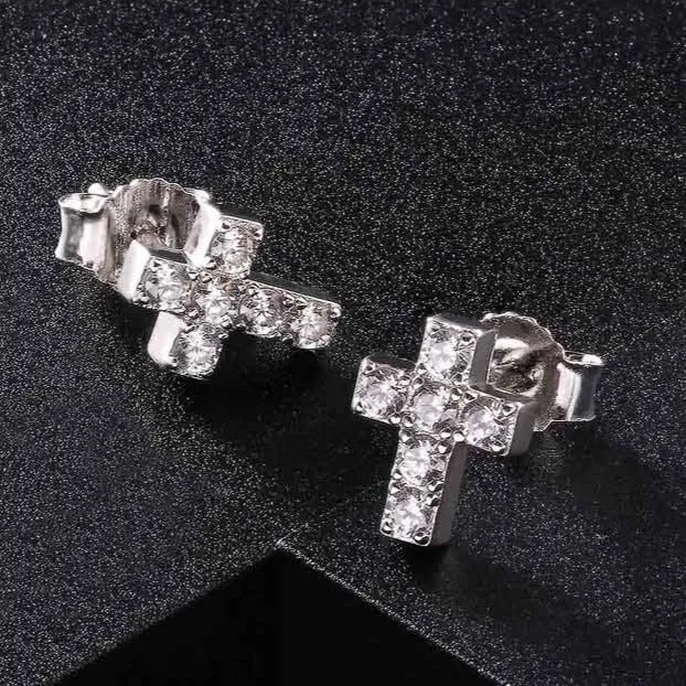 Earrings 925 Sterling Silver Diamond Cross Stud Earrings for Men YiWuJinAo