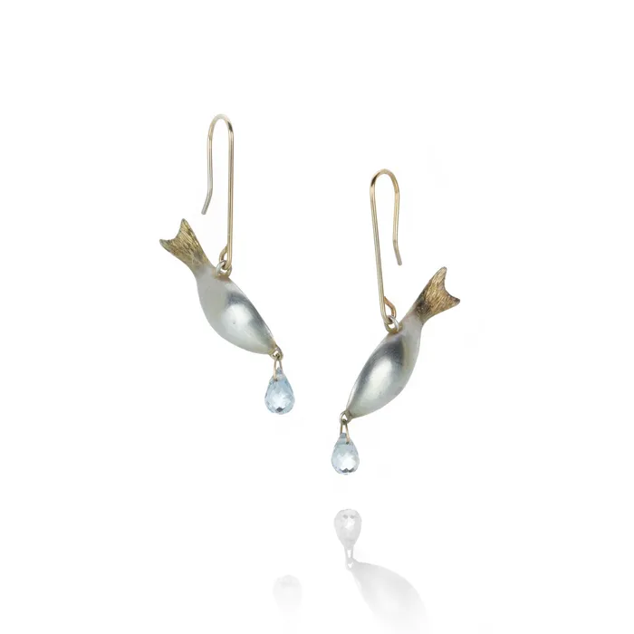 Earrings Gabriella Kiss Silver Fish Earrings with Sapphire Drops