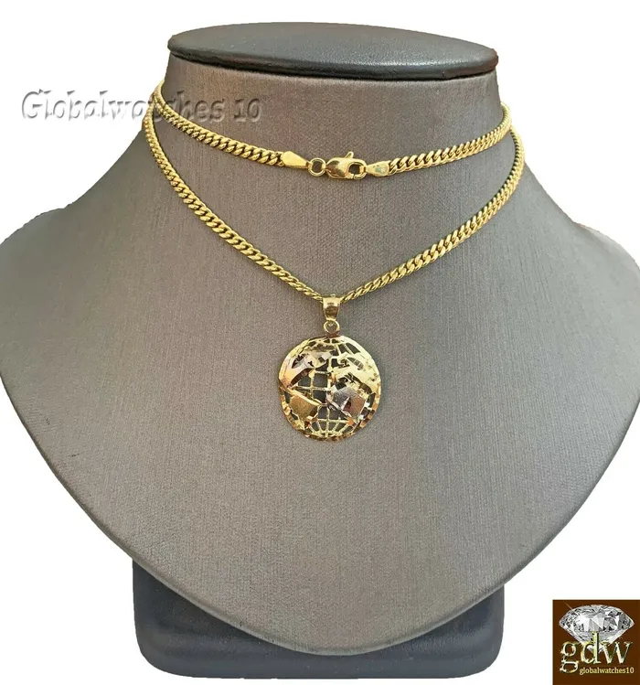 Gold and Diamond Charm Necklaces 10k Gold Earth Charm Pendant Miami Cuban Chain 22 24 26 28 inch Gold and Diamond Charm Necklaces 10k Gold Earth Charm Pendant Miami Cuban Chain 22 24 26 28 inch