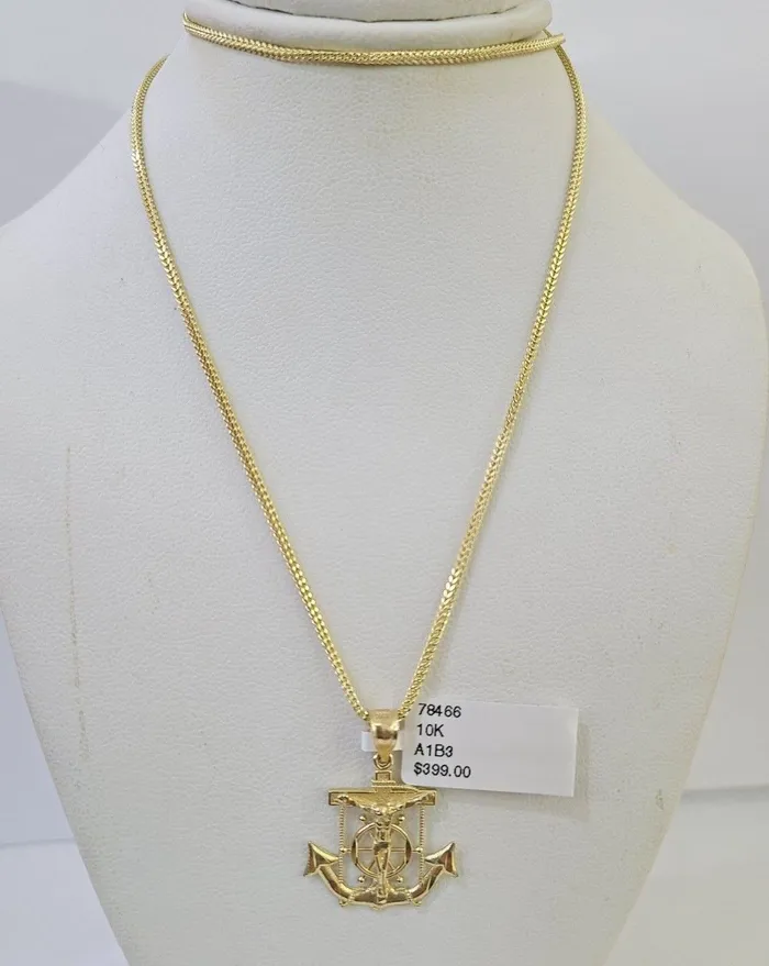 Gold and Diamond Charm Necklaces 10K Gold Franco Chain Anchor Charm Length 1826 15mm REAL Yellow