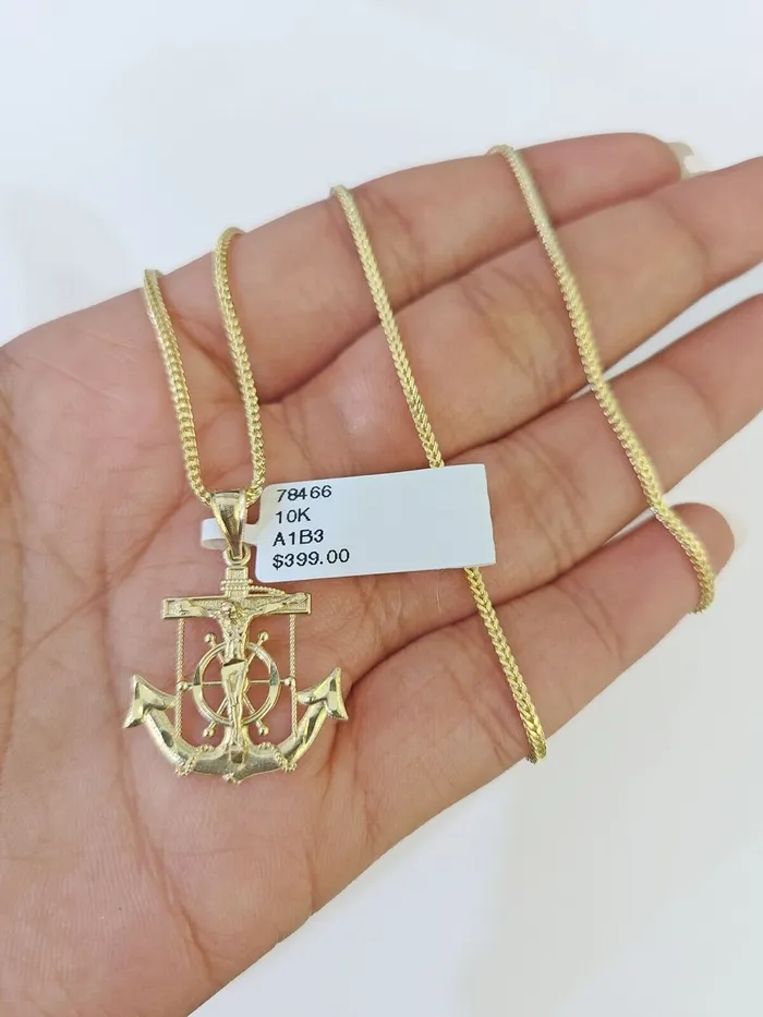 Gold and Diamond Charm Necklaces 10K Gold Franco Chain Anchor Charm Length 1826 15mm REAL Yellow