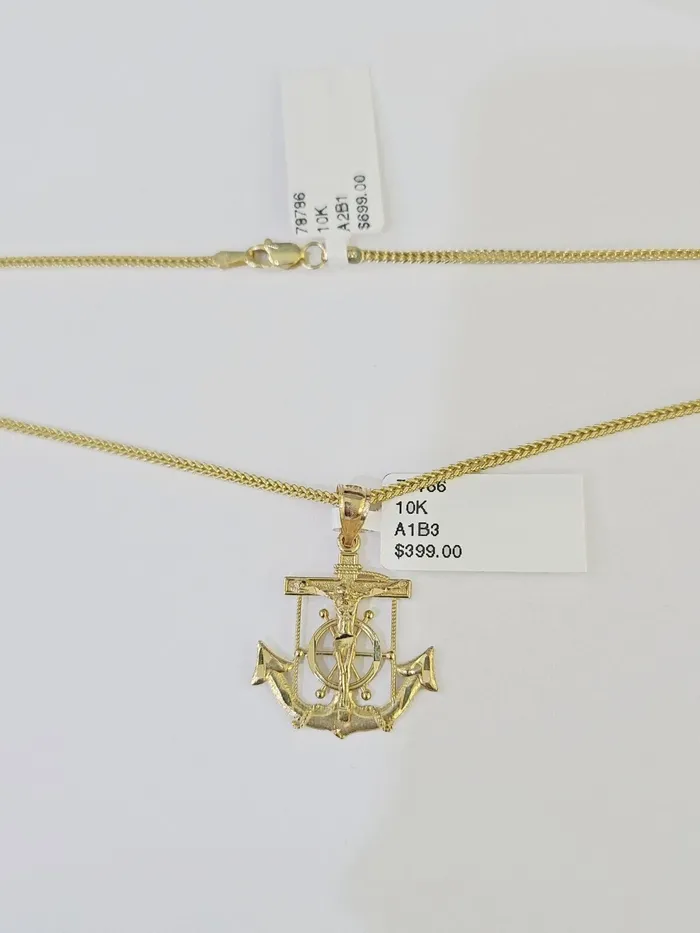 Gold and Diamond Charm Necklaces 10K Gold Franco Chain Anchor Charm Length 1826 15mm REAL Yellow