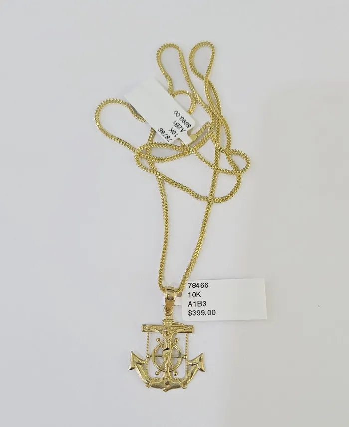 Gold and Diamond Charm Necklaces 10K Gold Franco Chain Anchor Charm Length 1826 15mm REAL Yellow
