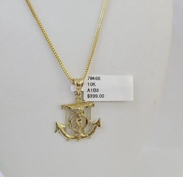 Gold and Diamond Charm Necklaces 10K Gold Franco Chain Anchor Charm Length 1826 15mm REAL Yellow