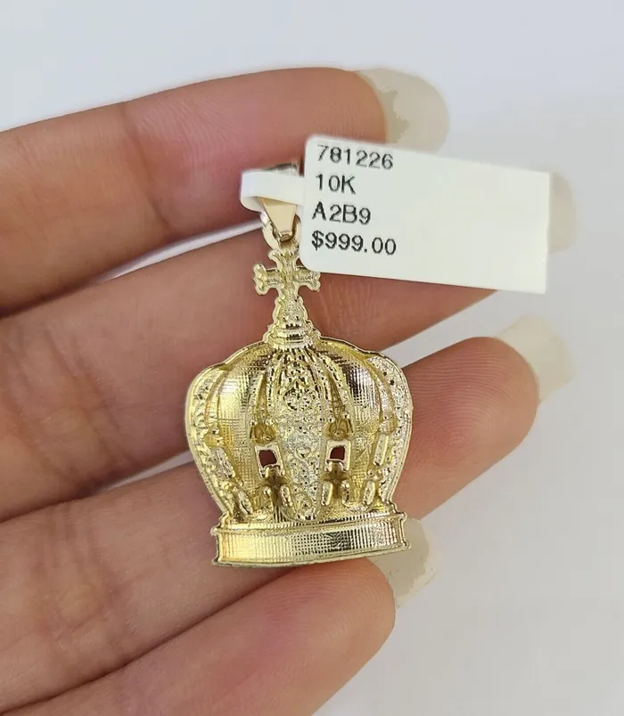 Gold and Diamond Charm Necklaces 10K Imperial Crown Charm Pendant Real Yellow Gold Royal 15 Inch 10kt