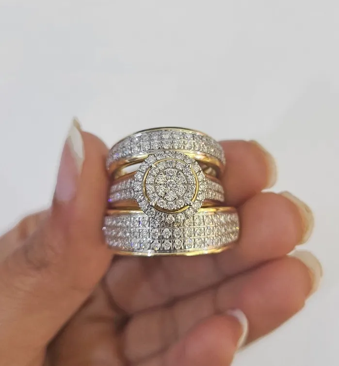 Gold and Diamond REAL 14k Diamond Ring Yellow Gold Ladies Men Trio SET Wedding Engagement Genuine Rings