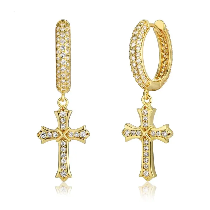 KRKC Earrings S925 Sterling Silver Diamond Iced Out Hoop Dangle Iris Cross Earrings KRKC Earrings S925 Sterling Silver Diamond Iced Out Hoop Dangle Iris Cross Earrings